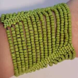 Green Beaded Stretch Bracelet – Multi-Strand Boho Statement Jewelry